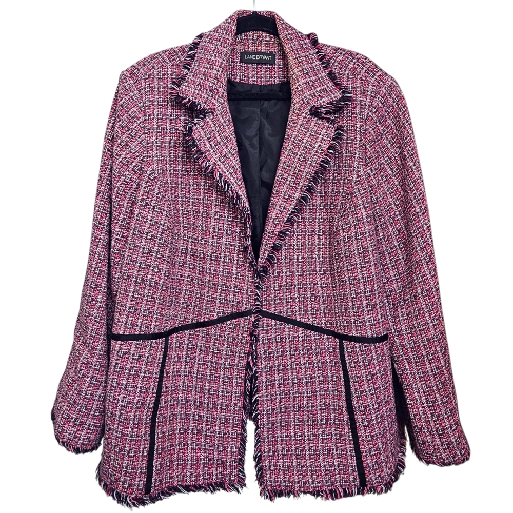 Lane Bryant Pink & Black Modern Contast Trim Textured Classic Blazer Fringe Hem